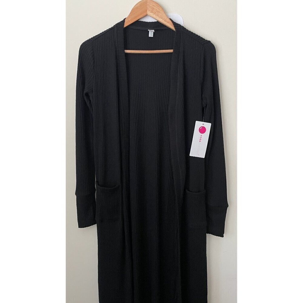 NWT YOGALICIOUS Duster Cardigan Size XS Black Long Ribbed Side Slit - Picture 5 of 12